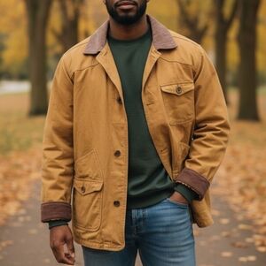 Cabela's Tan Canvas Field Jacket Nubuck Leather Corduroy Collar Game Pouch